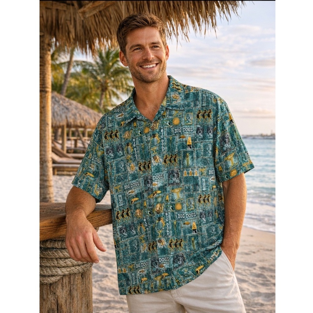 Big Dogs Mens Large Tiki Hawaiian Shirt Teal Rayon Hula Lava Lamp Camp S/S 90s